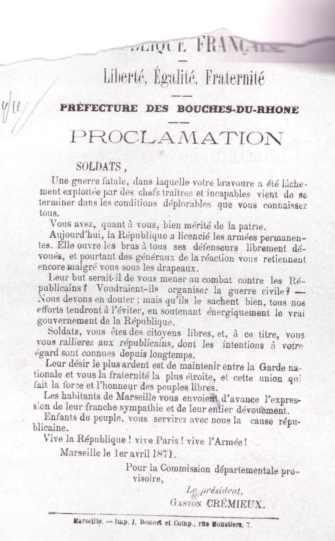 Affiche de la Commission départementale provisoire, proclamation aux soldats, signée de Gaston Crémieux 1er avril 1871 (Collection Archives départementales des Bouches-du-Rhône)