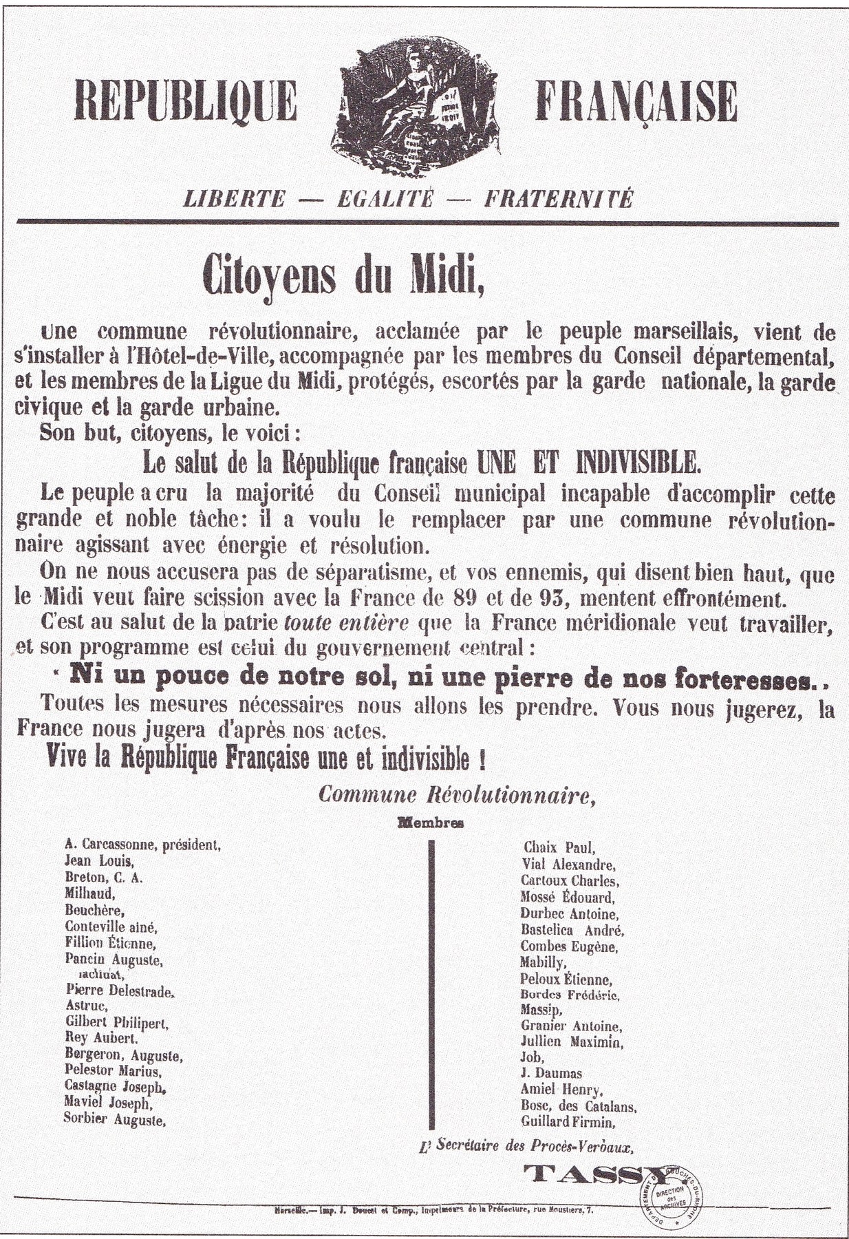 Affiche Proclamation de la Commune révolutionnaire de Marseille 1er novembre 1870 (Collection Archives départementales des Bouches-du-Rhône)