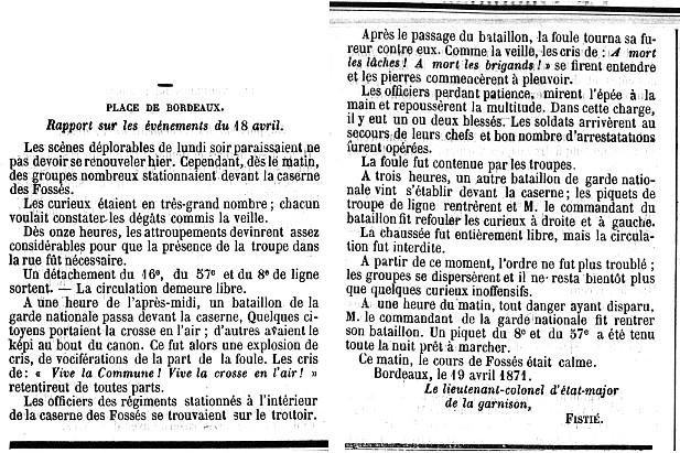 Rapport des autorités militaires des 22 et 23 avril 1871, dans les journaux – L’Écho rochelais, Le Gaulois, Riom-journal 