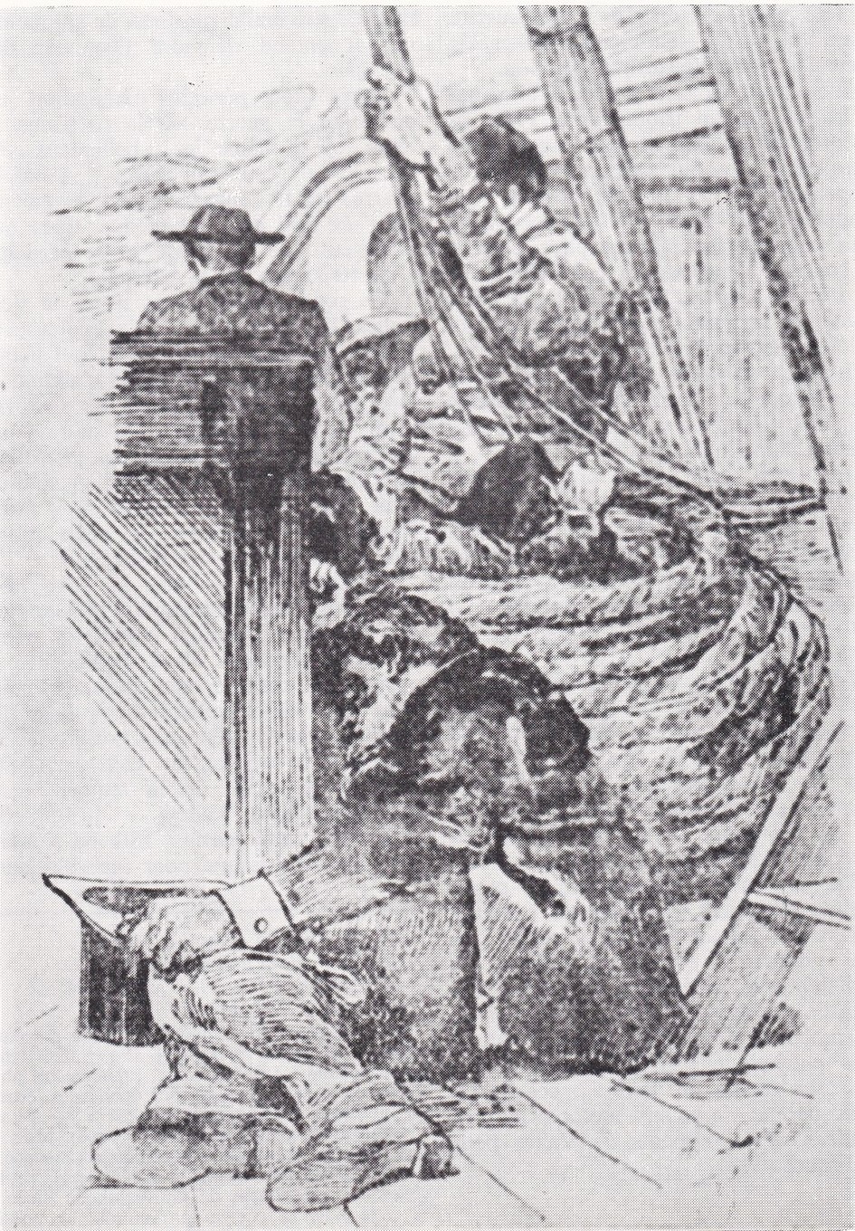 Jules Vallès sur le bateau qui le ramenait en France. Dessin d'Auguste Lançon publié dans "Le Cri du Peuple"