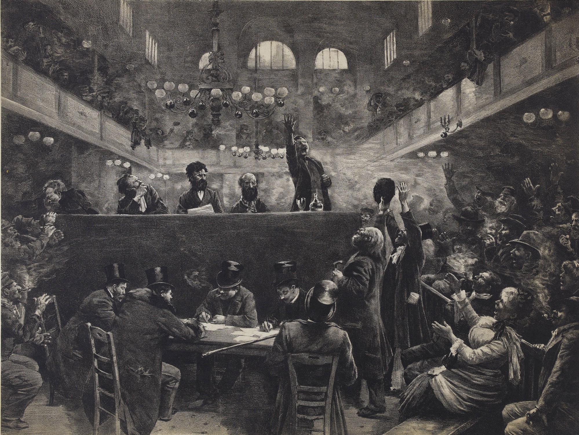 Réunion publique, salle de bal Graffard.  Anonyme , Dessinateur-lithographe  Vers 1884 (Musée Carnavalet, Histoire de Paris)