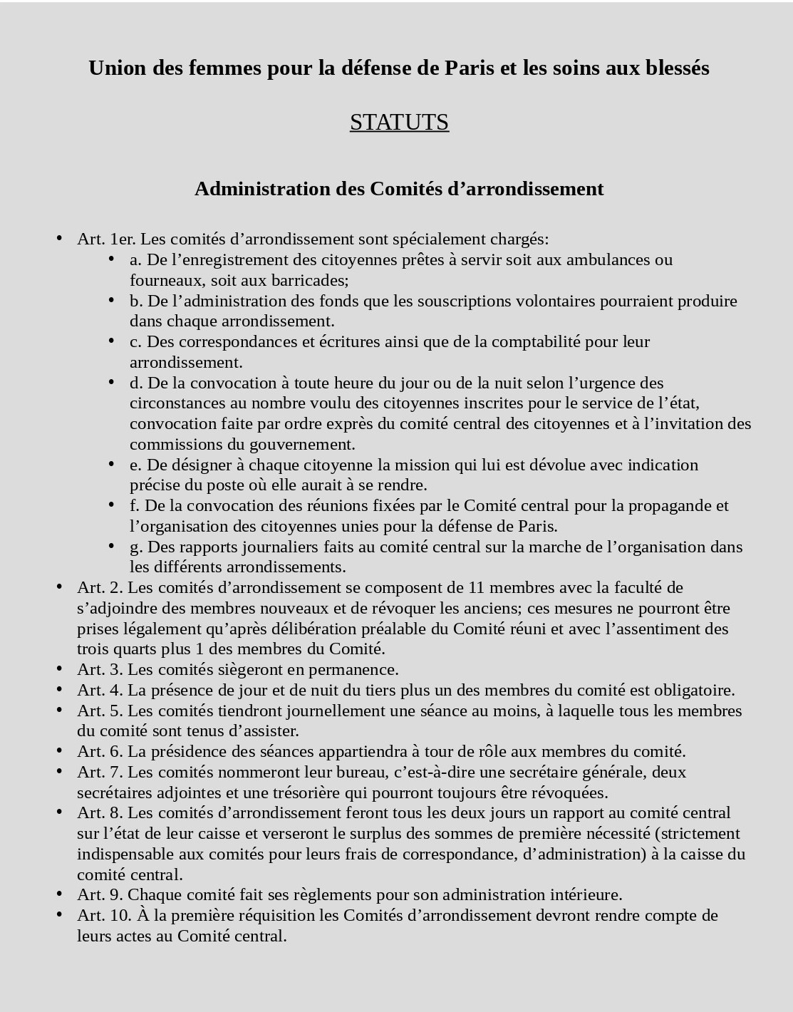 Statuts de l'Union des Femmes pour la défense de Paris et les soins aux blessés