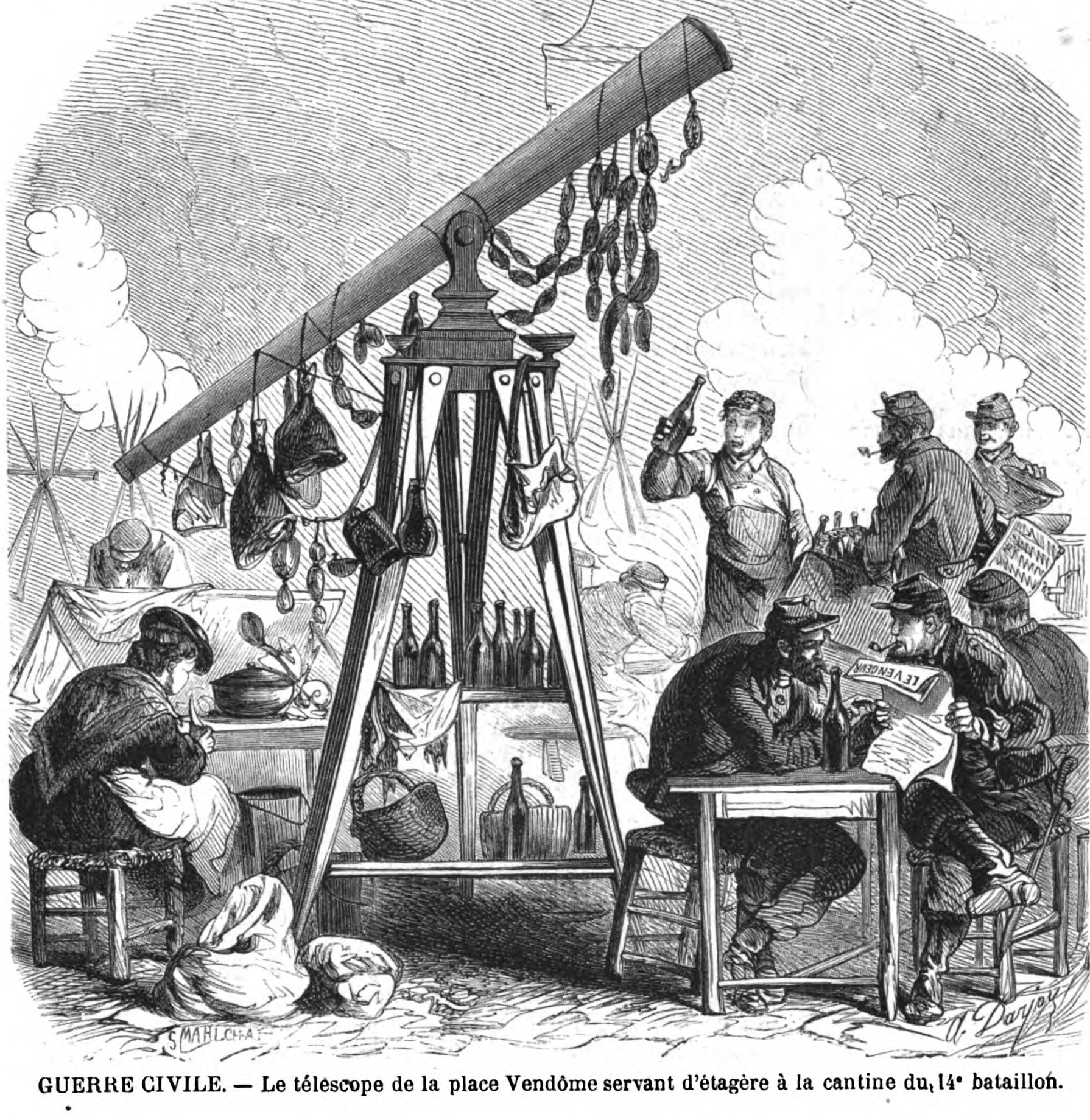 Le télescope de la place Vendôme devient étagère de cantine pour un bataillon de fédérés (source L’Illustration – Journal Universel du 13 mai 1871)