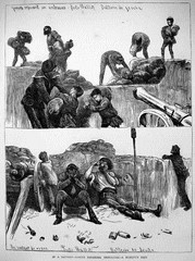 En haut, « Gamins réparant une embrasure Porte Maillot. Batterie de gauche » En bas, « Un instant de repos. Porte Maillot. Batterie de droite » Parution du 13 mai 1871 En haut, « Gamins réparant une embrasure Porte Maillot. Batterie de gauche » En bas, « Un instant de repos. Porte Maillot. Batterie de droite » Parution du 13 mai 1871