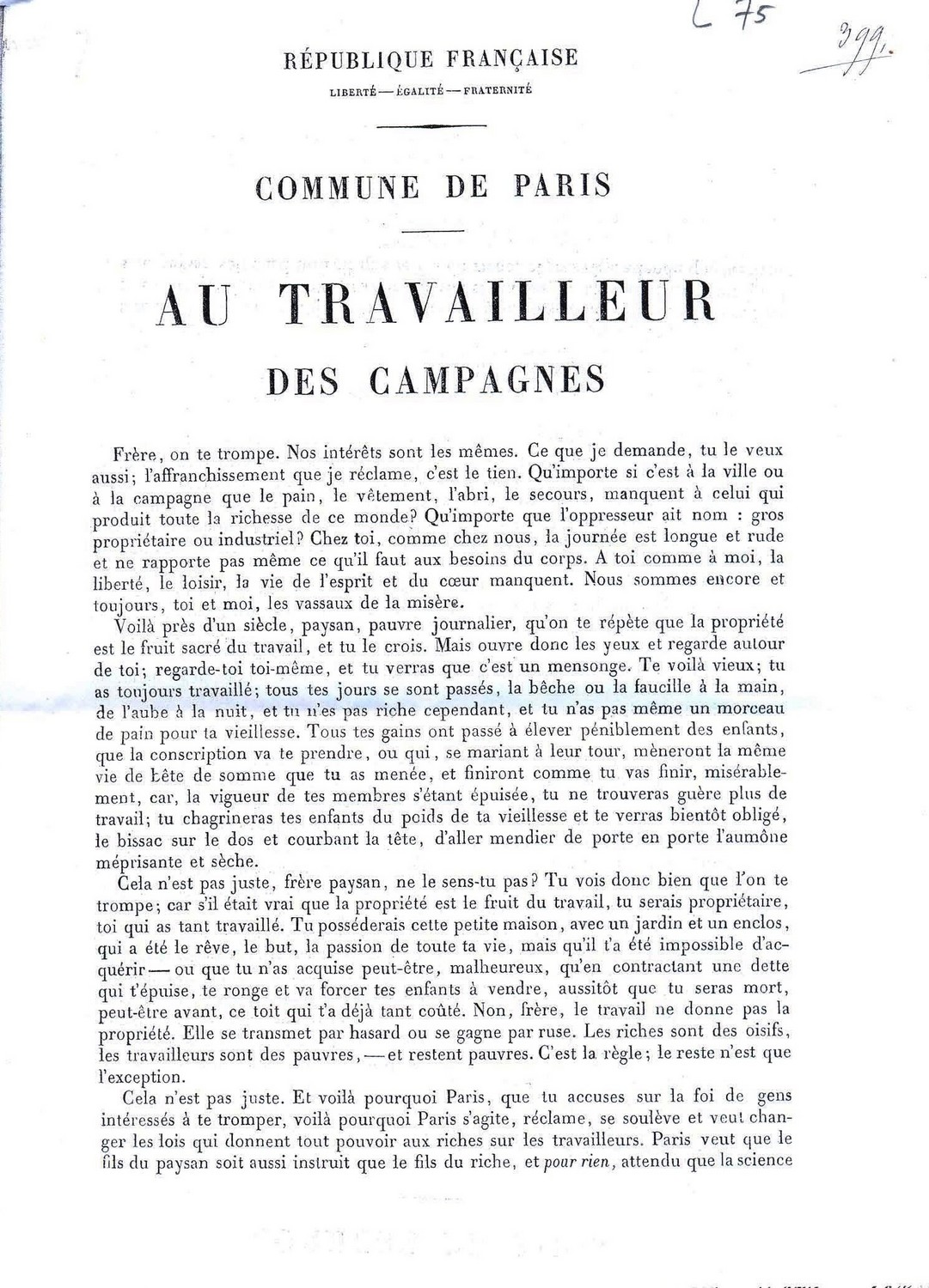 Tract "Appel aux travailleurs des campagnes", publié dans "La Commune" du 10 avril 1871 (1ère partie) Tract "Appel aux travailleurs des campagnes", publié dans "La Commune" du 10 avril 1871 (1ère partie)