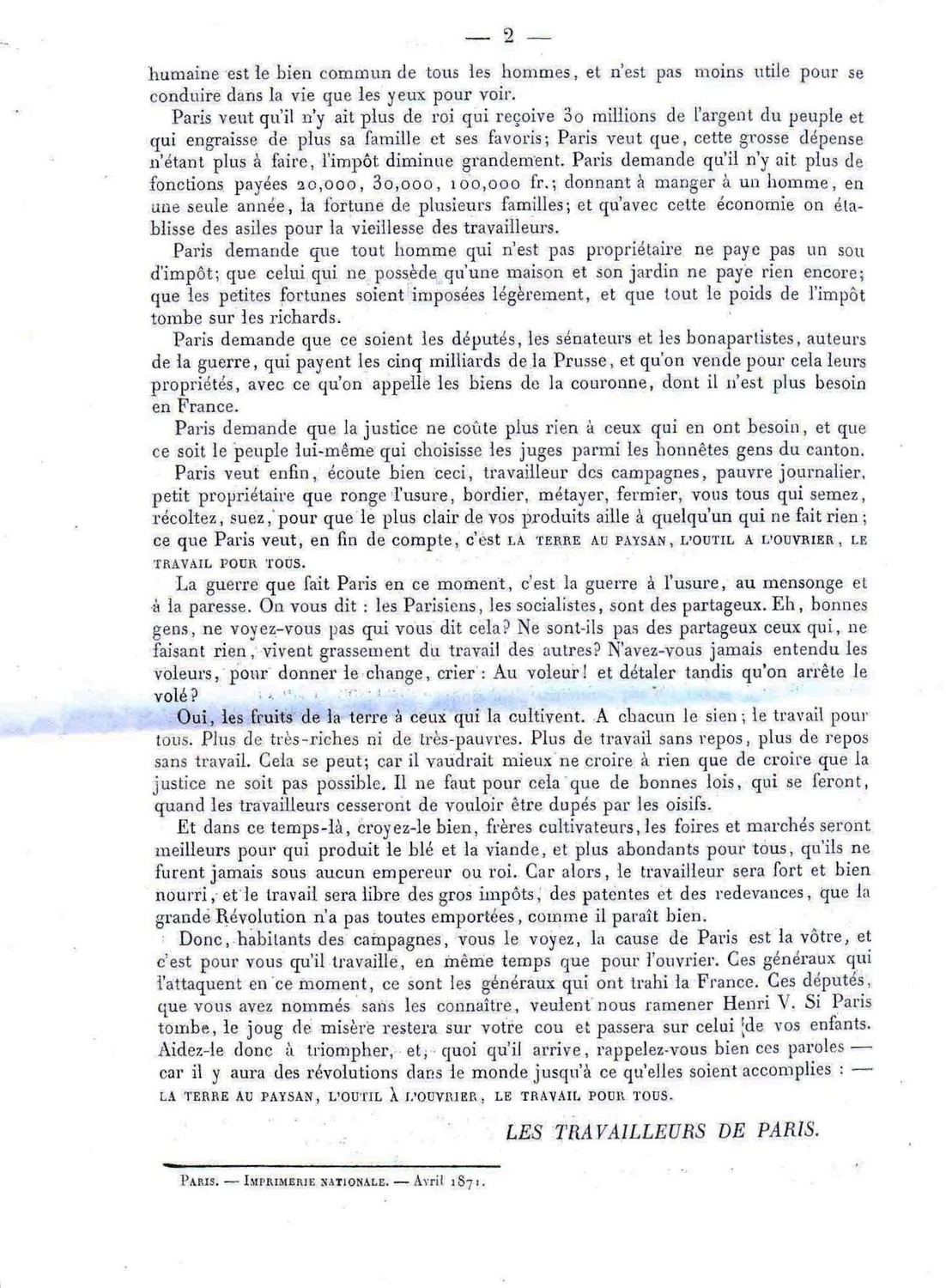 Tract "Appel aux travailleurs des campagnes", publié dans "La Commune" du 10 avril 1871 (2ème partie) Tract "Appel aux travailleurs des campagnes", publié dans "La Commune" du 10 avril 1871 (2ème partie)