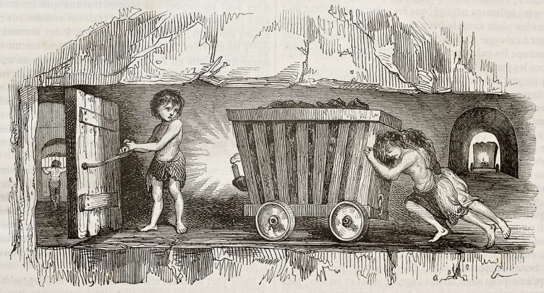 Scènes dans les mines de houille, en Angleterre. « Le Trapper », gravure sur bois de bout, 1843 (source Le Magasin Pittoresque 1843)