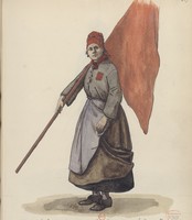 Femme portant un drapeau rouge, le 3avril 1871, sur les Champs-Élysées. Illustration d’Auguste Raffet (Source : Gallica/Bnf)