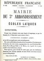 Affiche de la Commune de Paris N° 182 du 23 avril 1871 - Paris 3ème - École laïque (source : La Contemporaine – Nanterre / argonnaute.parisnanterre.fr)